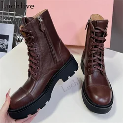 Genuine Leather Motorcycle Boots Woman Round Toe Thick Bottom Lace-Up Chelsea Boots Fashion Famous Brand Punk Ankle Boots Women