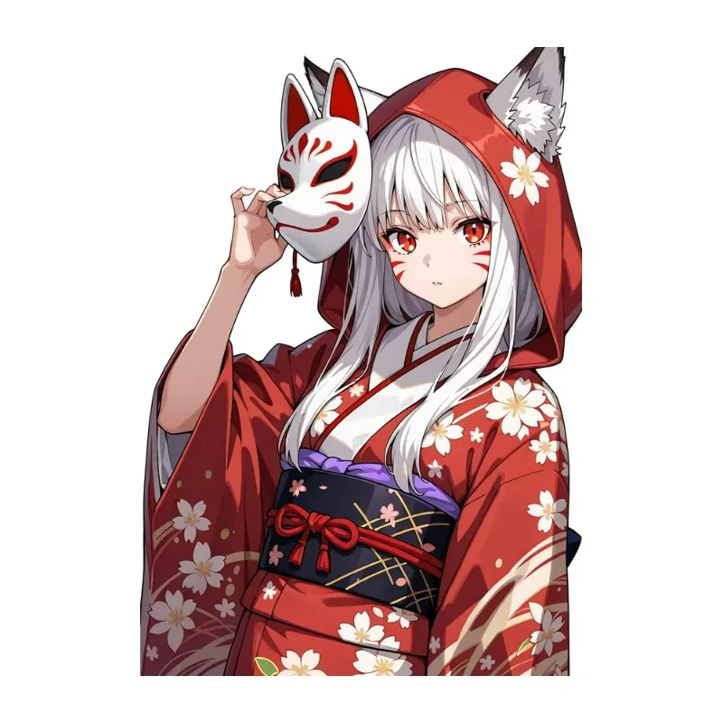 Fox Mask Girl Vinyl Car Sticker, Waterproof Decal for Window, Desk, Bookshelf, Fridge, Laptop, Tumbler, Smooth Surfaces
