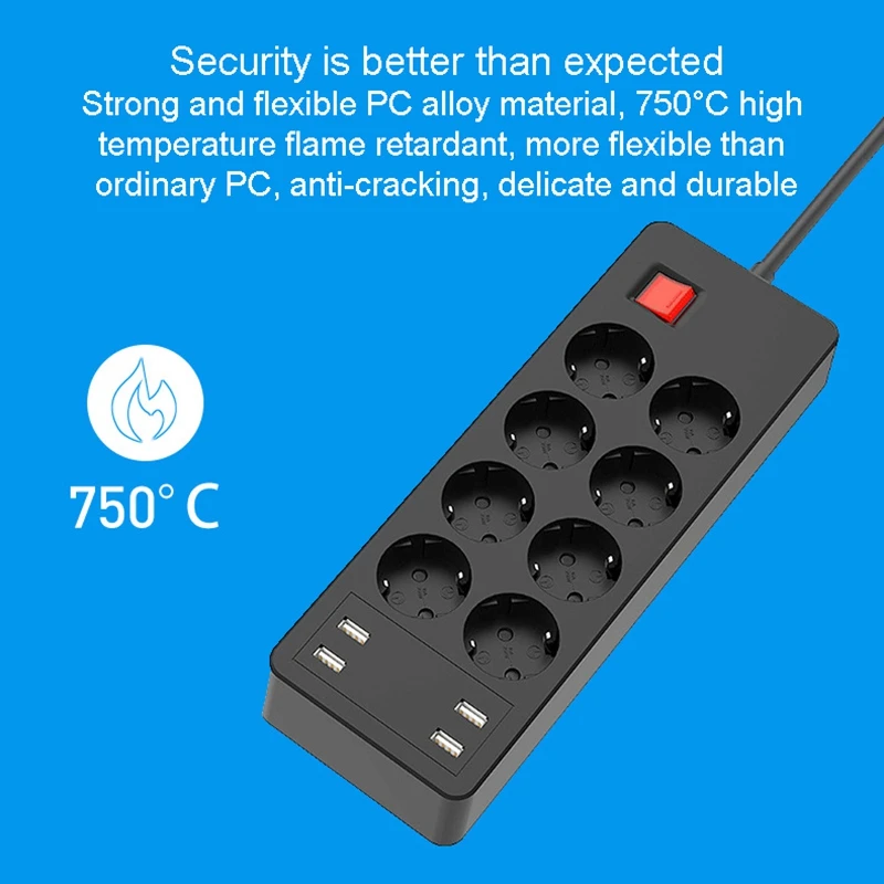 Power Strip Electrical Socket 4 USB Charger Adapter 8 Outlet Surge Protection Switch Home Outlet EU Plug