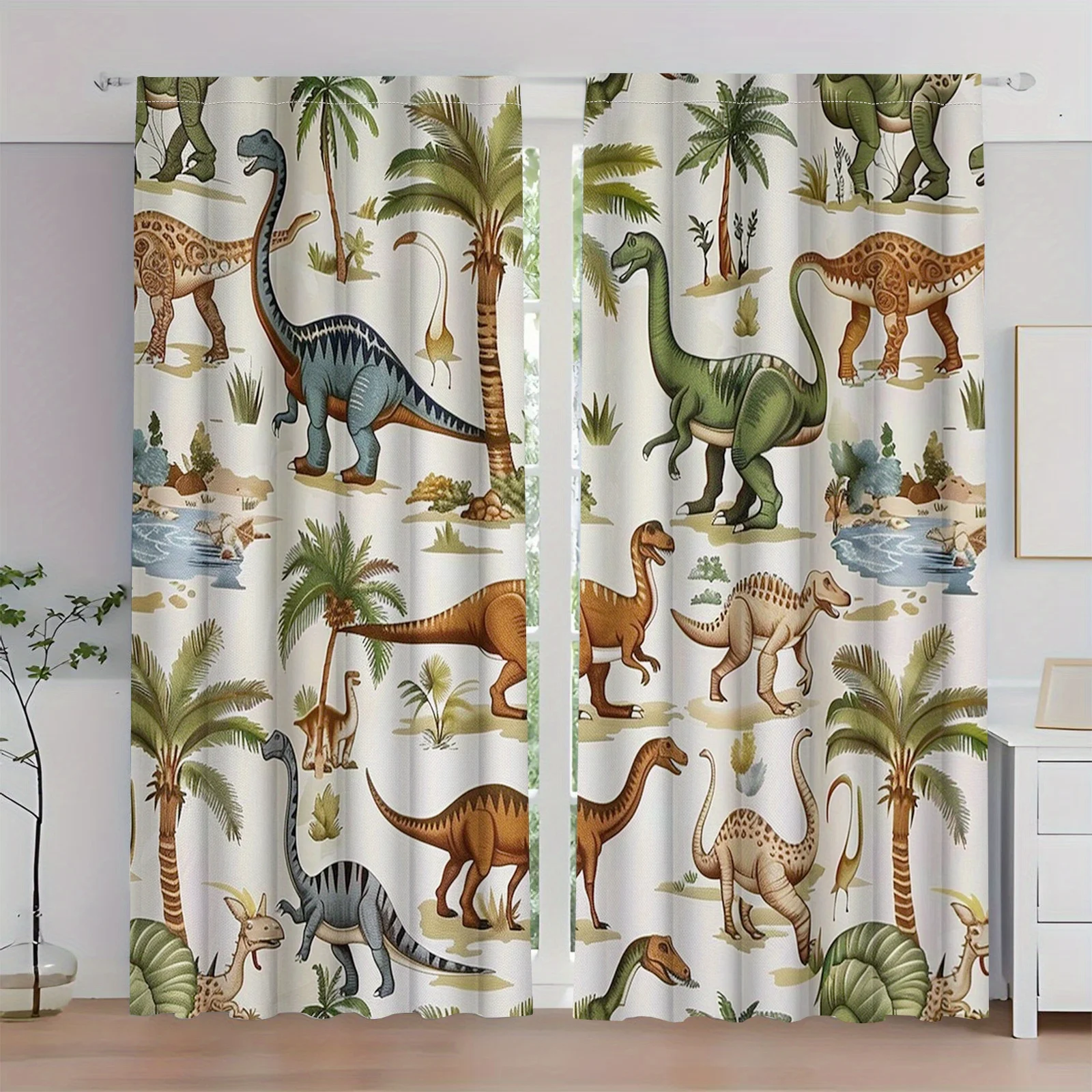 Jurassic Dinosaur Print Curtains Pair for Kids Nursery Room Window Decor Boho Style Jungle Safari Children Curtain Panels 2pcs