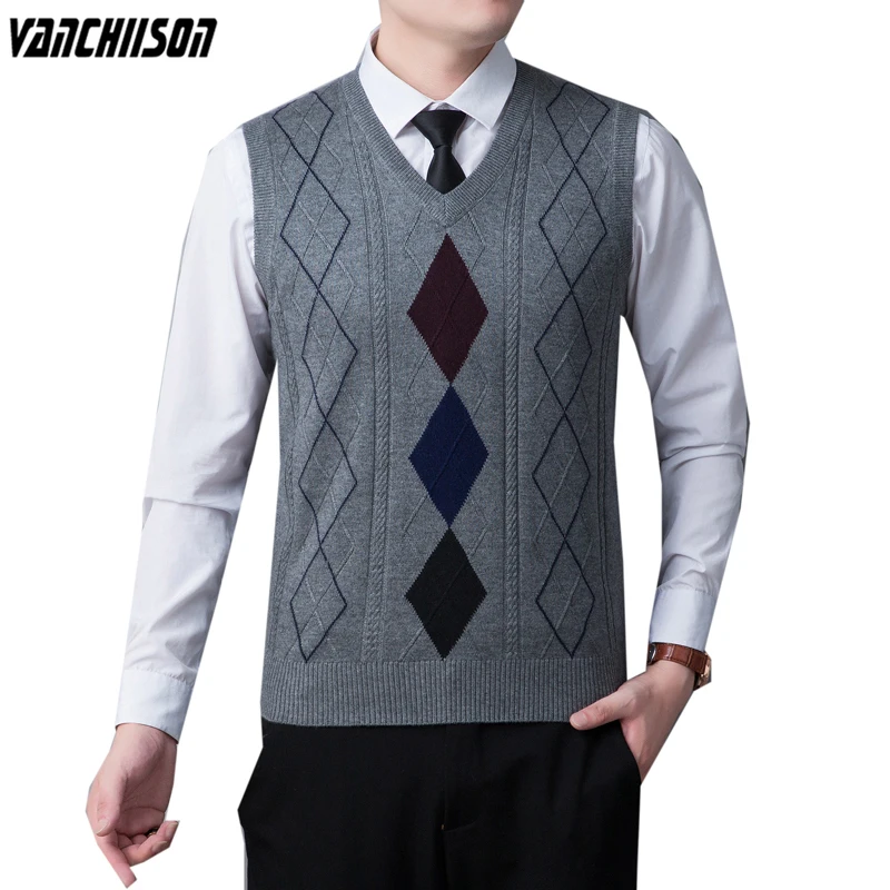 

Men 14% Wool Knit Tank Sleeveless Sweater Jumper Basic for Autumn Winter V Neck Argyle Business Retro Vintage 00303