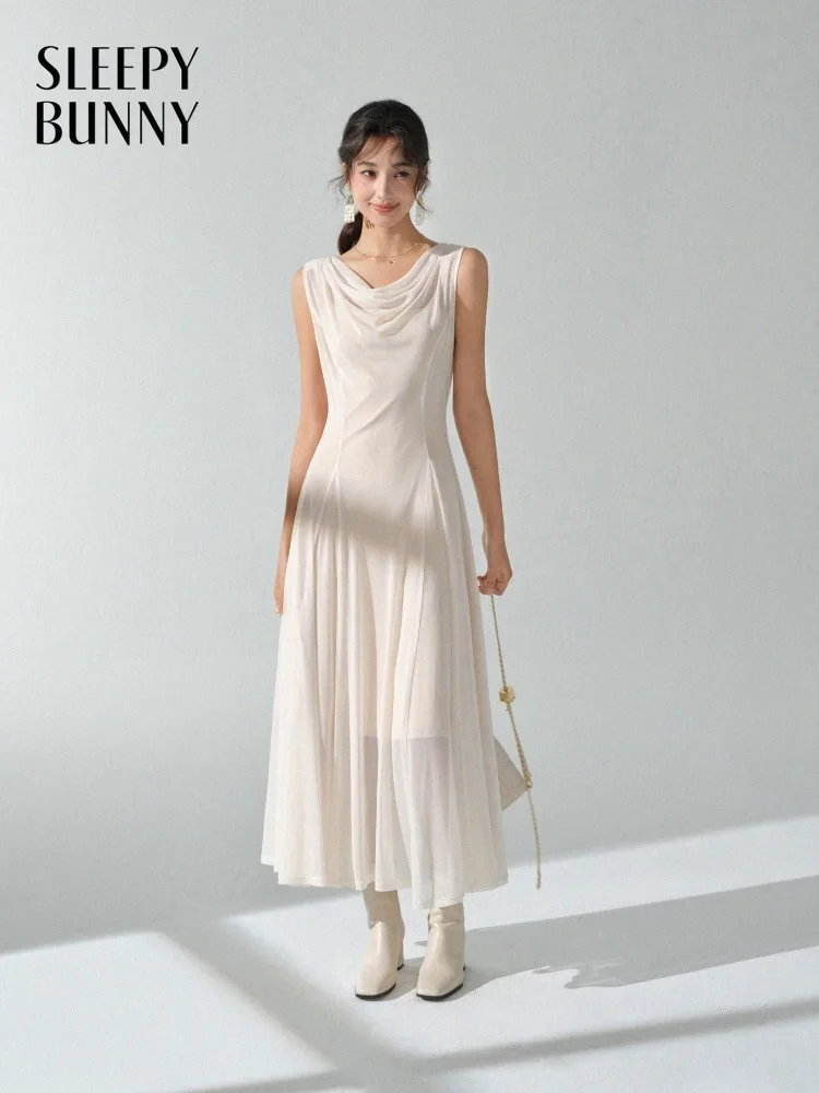 

Elegant Draped Neck Mesh Maxi Dress for Women Slim Fit Stretchy Long Dress Chic Spring for Lady Casual Evening Commuter Outfit