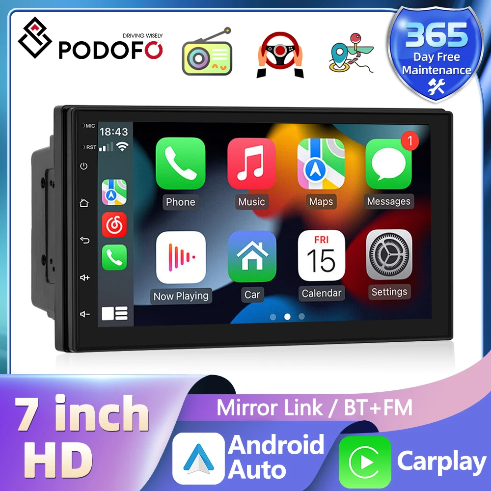 

Podofo 2 Din 7'' Touch Screen Car Stereo Radio Universal Car Multimedia Player with Carplay Android Auto Support TF/USB