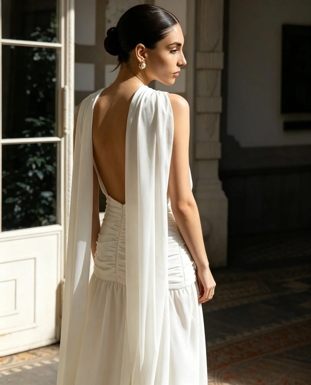 Customized 2026 High-neck Chiffon Wedding Dresses with Sleeveless Ruffled Edges Backless Flowing Bridal Gown Featuring A Cape