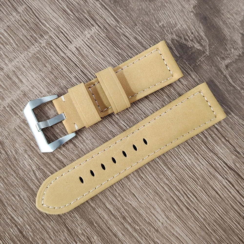 24*22mm Stainless Steel Buckle Yellow Leather Watch Strap Accessories