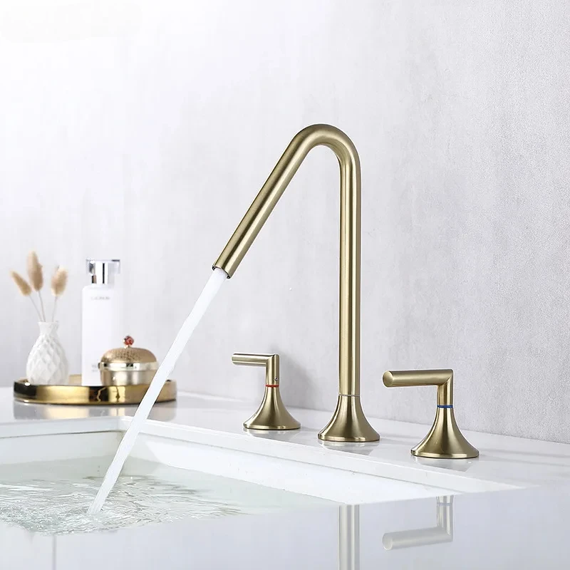 Brush gold wide spread basin faucets basin sink double handle gold tap bathroom gold brushed faucet hot and cold sink mixer