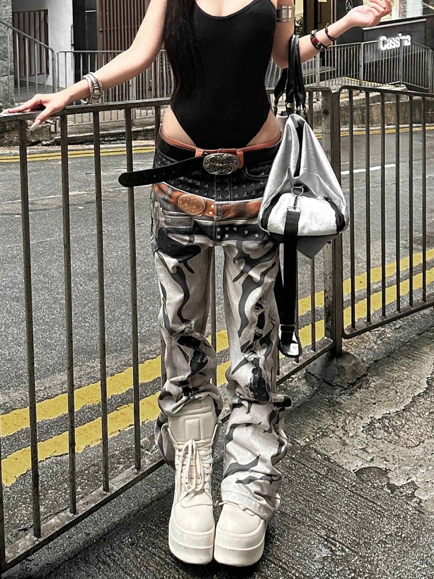 Y2K Spicy Girl Double Waist Head Printed Flared Denim Jeans Unisex Vintage Destroyed Punk Fit Stacked Long Pants Straight Leg