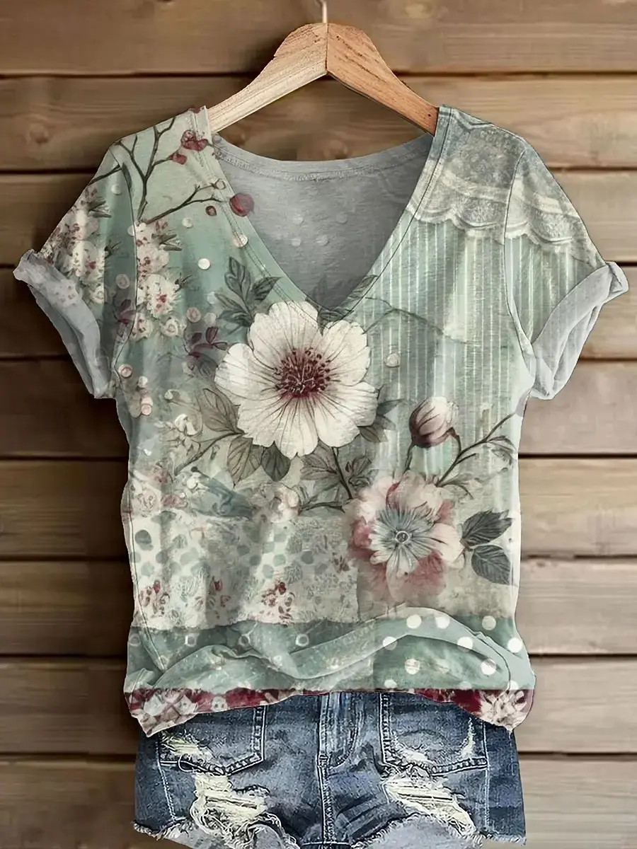 Women's Floral Graphic T-Shirt, V Neck Short Sleeve Casual Tops, Yellow Green Fashion Daily Apparel for Spring & Summer