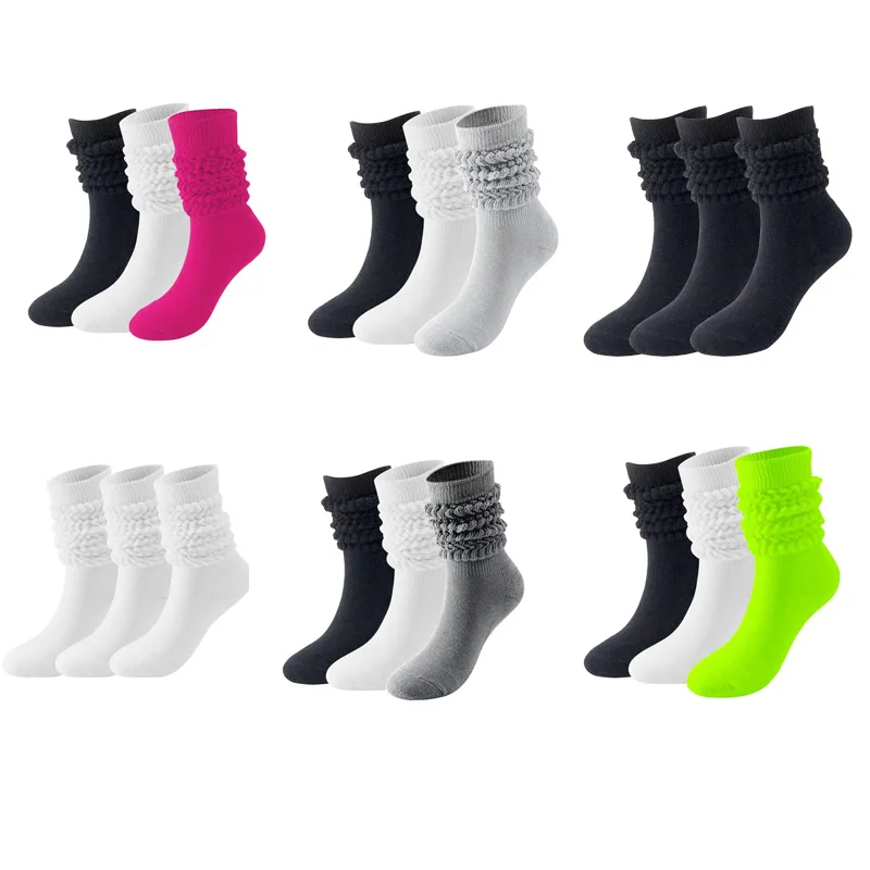 3Pairs Solid Color Thick Thermal Knee High Socks Girl Knit Calf Socks Cute Long Loose Slouch Socks Winter Warm