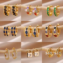 Zircon Blue Oval Earrings For Women Stainless Steel Hoop Earring 2025 Trending Design Wedding Aesthetic Party Jewelry Gift