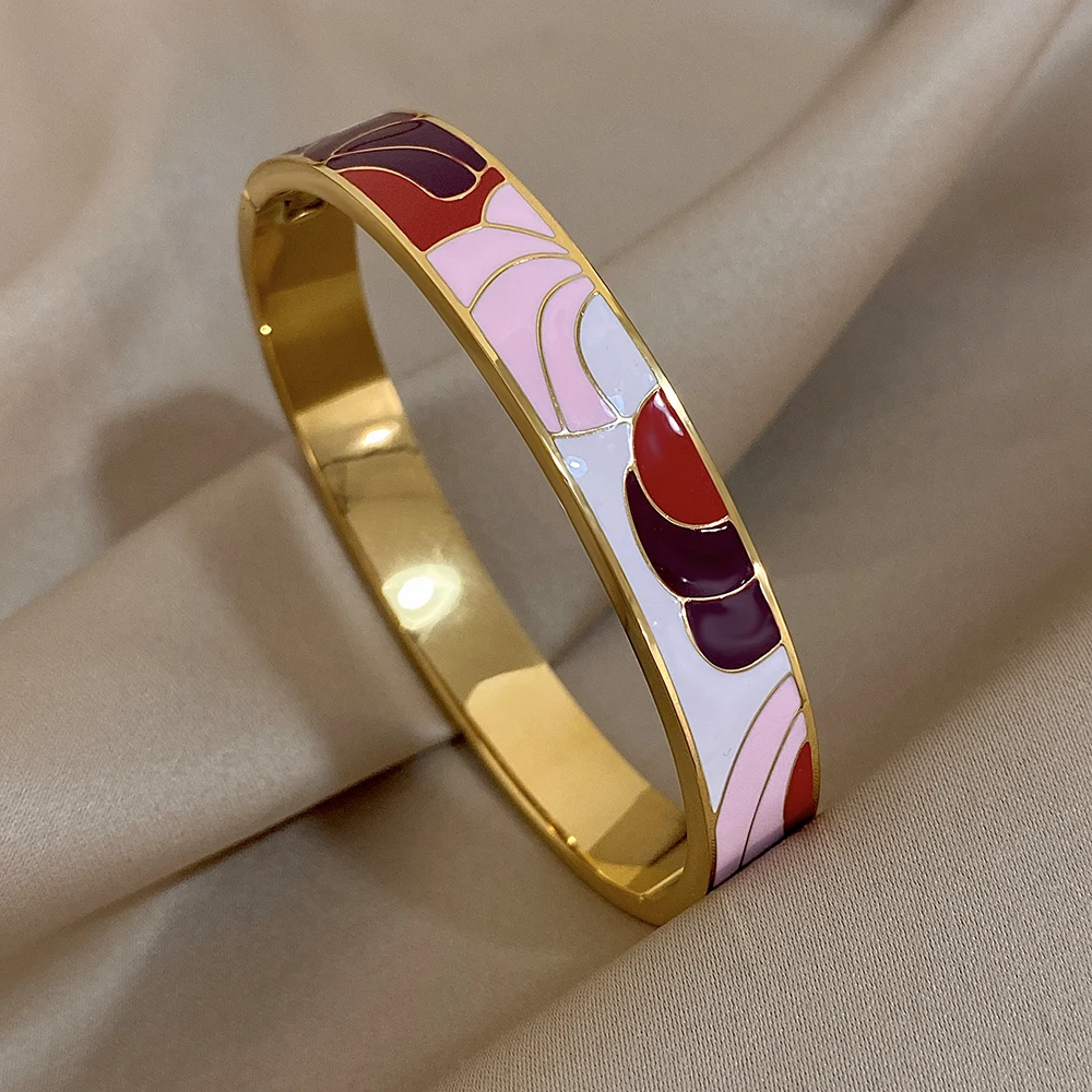 Greatera Vintage Enamel Stainless Steel Cuff Bracelet Bangle for Women Colorful Pattern Pulseras Gold Plated Party Jewelry