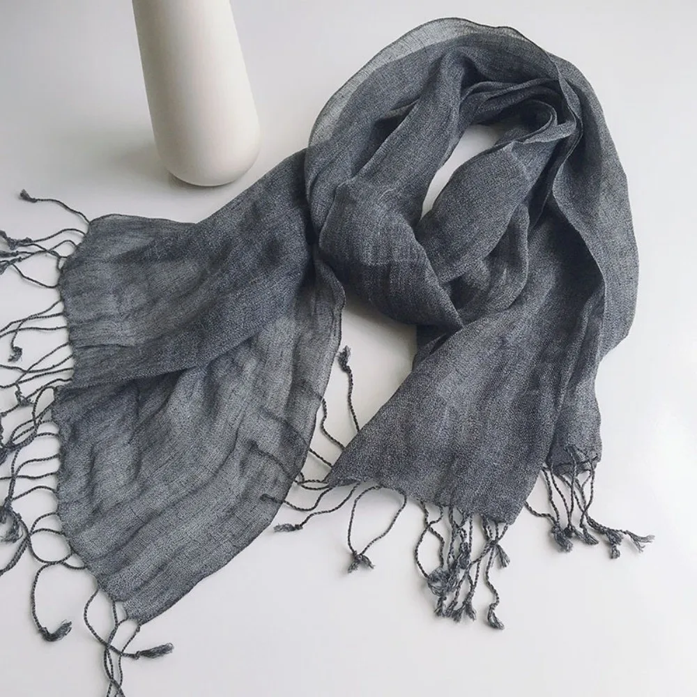 Versatile Solid Color Pure Linen Scarf Long Tassel Lightweight Shawl Wrap Soft Fabric Breathable Neck Scarf Daily Wear