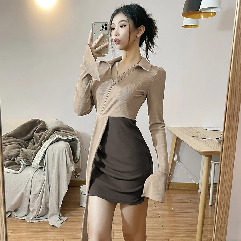 Women's Elegant Flare Long Sleeve V-Neck High Waist Official Work Pencil Dress Slim Patchwork Mini Shirt Dress