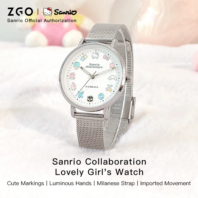 ZGO x Sanrio Hello Kitty Kids Watch Girls\' Fashion Steel Band Ladies\' Watch Waterproof Quartz Watch Gift 2081