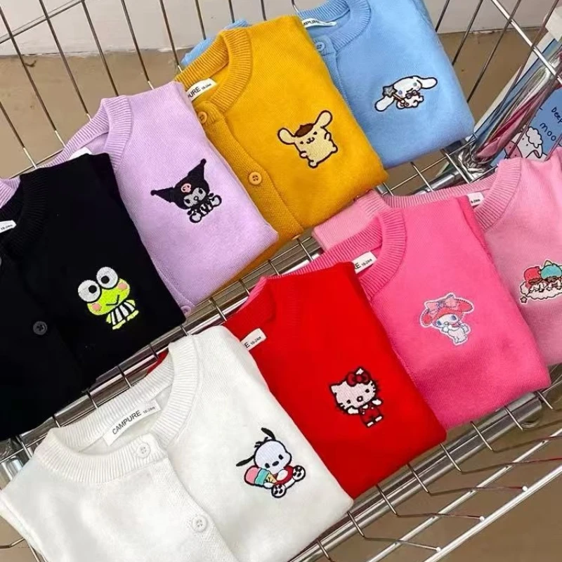 

Новый свитер-кардиган Hello Kitty Kuromi Cinnamoroll Pompom Purin, весенне-осенний детский свитер Kawaii, мягкий, модный, ярких цветов