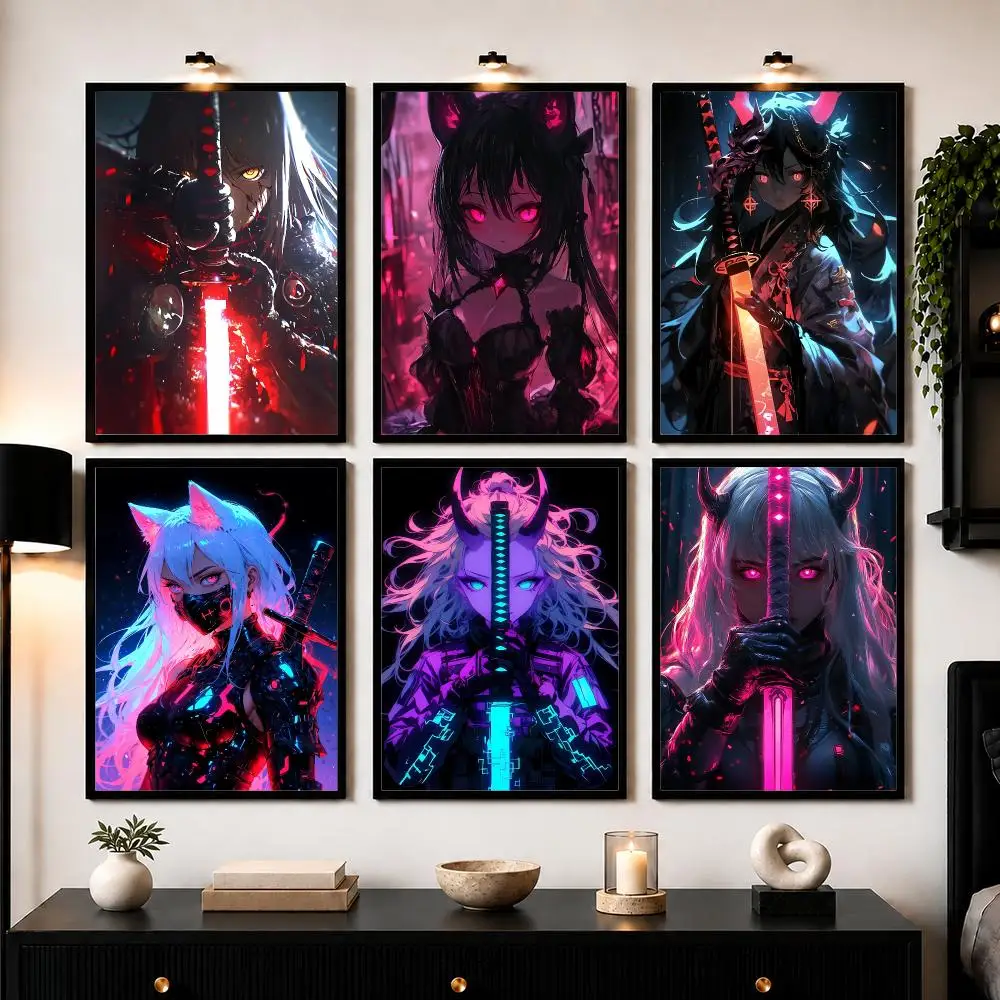 Cool Anime Girl with Katana Poster Wall Art Print Sticker for Bedroom Living Room Dorm Office Modern Home Decor