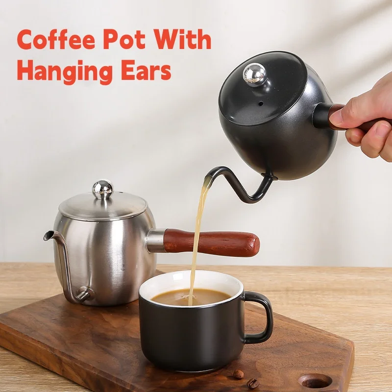 

304 Stainless Steel Hand Drip Coffee Hot Water Pot with Lid Gooseneck Kettle Hanging Ear Coffee Home Kitchen Cafe Accessories