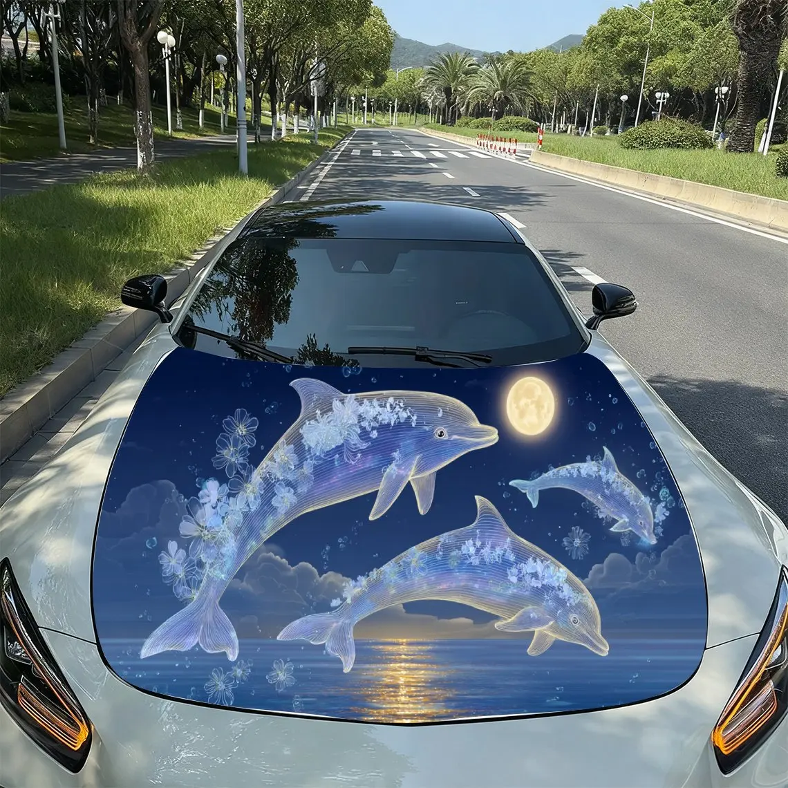 

Dolphin Moonlit Ocean Adventure PVC Car Hood Wraps, Self-Adhesive Waterproof Car Bonnet Decal Sticker, Car Decoration Protection