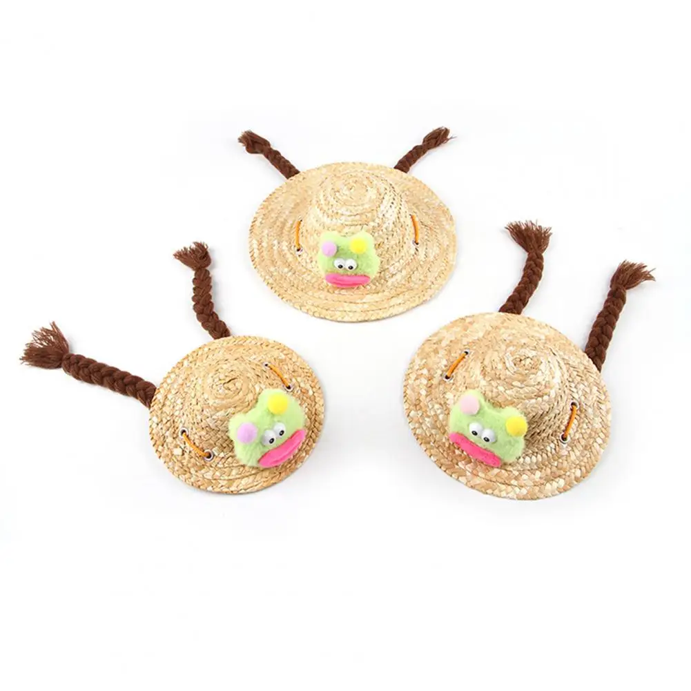 Cute Pet Summer Accessory Pet Braided Straw Hat Set with Cute Frog Doll Adorable Summer Shade for Cats for Outings for Dogs