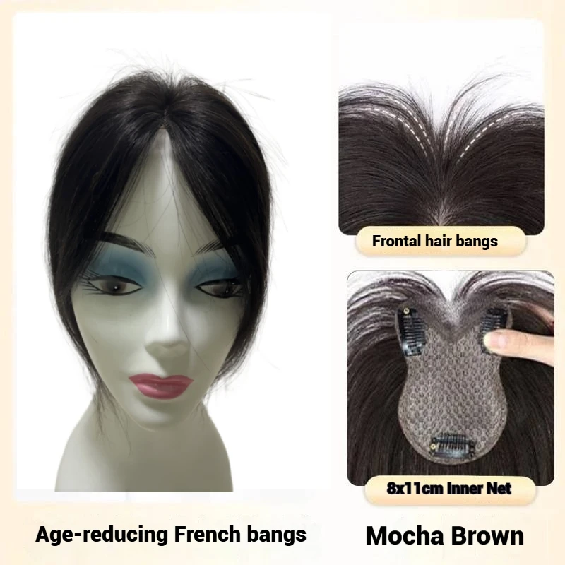Ultra-Thin Mesh Hair Toppers 8x11cm Clip-In Bangs Hairpiece for Women Fluffy Real Hair Increase Volume Cover White Hair