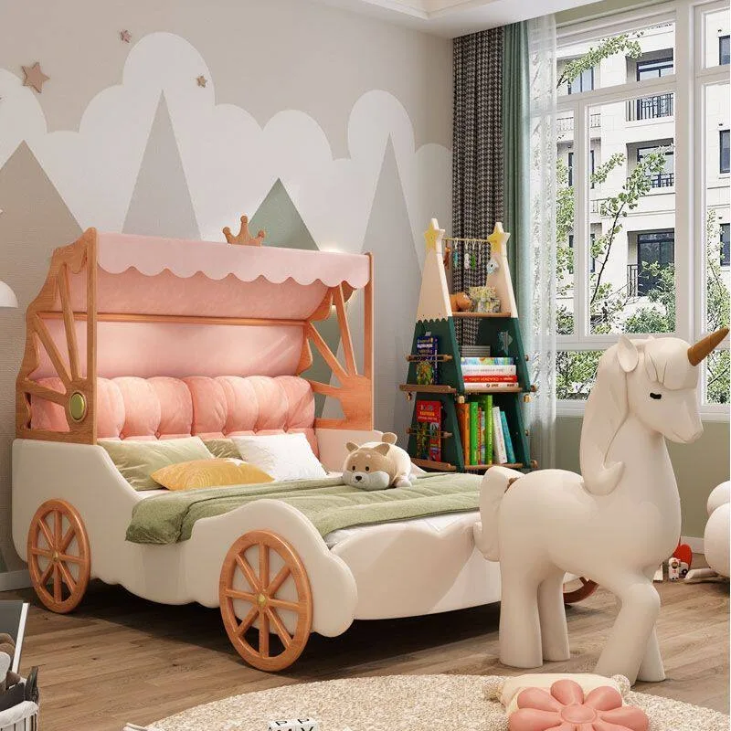 

Princess bed Solid wood children's bed 1.5 meters Children's room with guardrail Leather bed Tent bed