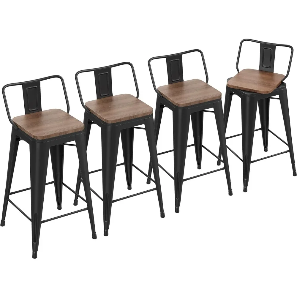 Swivel Bar Stools Counter Height Stools with Backs Industrial Black Metal Barstools Bar Chairs with Wood