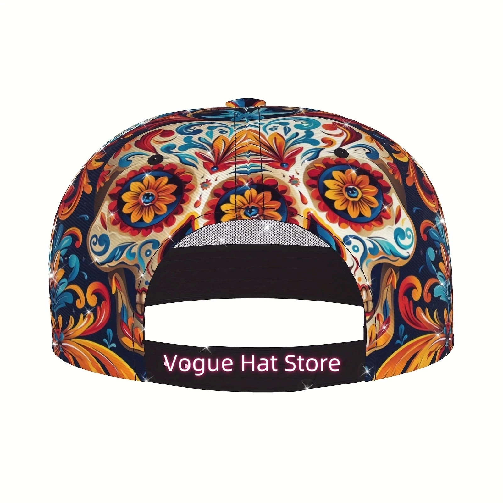Adjustable Snapback Trucker Hat with a Colorful Floral Print Featuring a Neutral Gothic Candy Skull Design