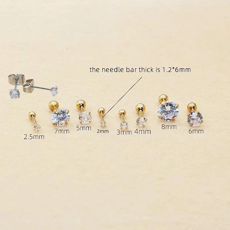 Stainless Steel 2mm 3mm Round Clean Zircons Screw Stud Earrings Gold-color Vacuum Plating No Easy Fade Allergy Free