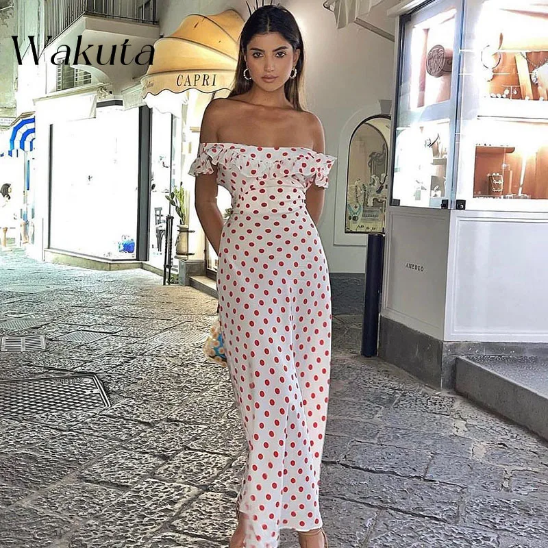 

WAKUTA 2024 Sexy Slash Neck Off The Shoulder Print A-line Dresses Chic Waist Cinched Ruffle Edge Suspender Vestidos De Fiesta