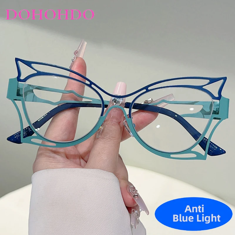 

Fashion Designer Metal Hollow Out Y2K Cat Eye Women Men Glasses Computer Games Optical Spectacle Reading Anti-Blue Light Eyewear