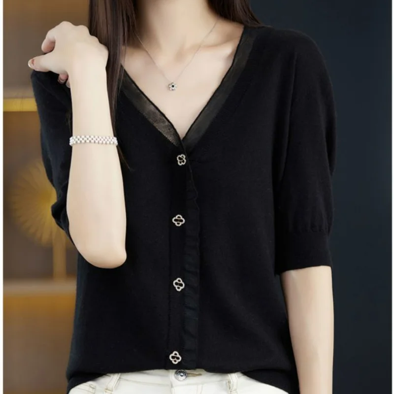 Camiseta de punto con cuello en V para mujer, Top de manga corta, elegante, Simple, informal, suelto, Coreano