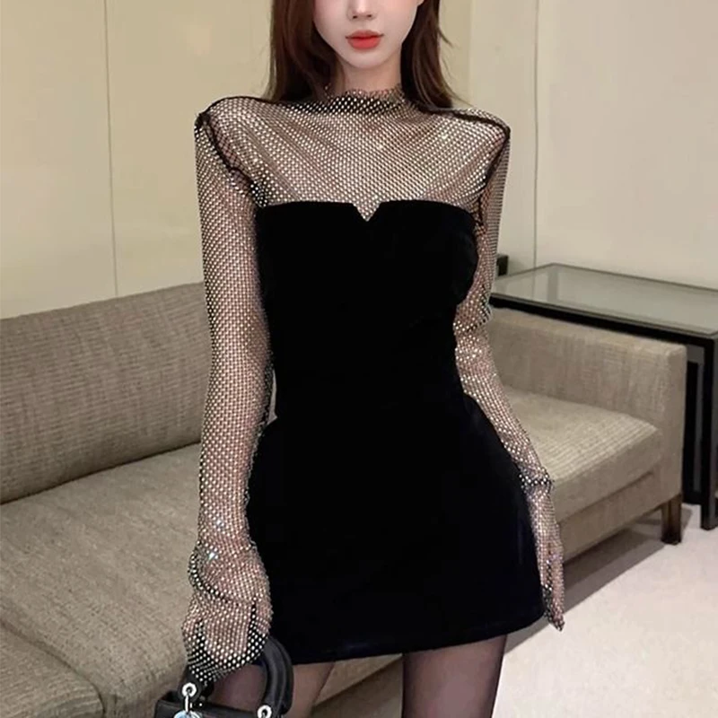 Spring Summer Stand Collar Diamons Patchwork Black Mini Dress Women Long Sleeve Nightclub Fashion Sexy Robe Femme Vestidos