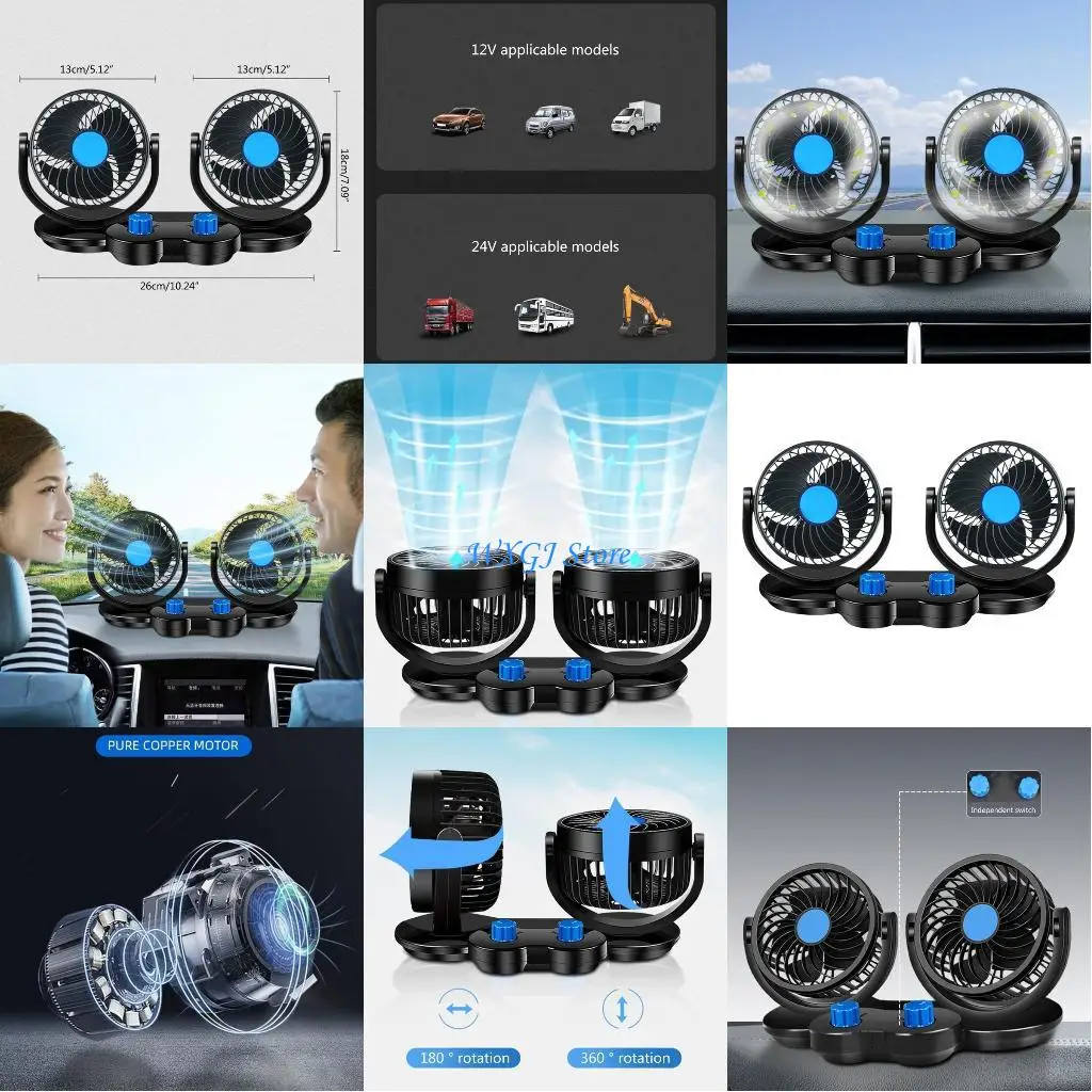 

37JE Car Double Headed 360 Degree Rotating Air Conditioner Cooling For Front Back for Seat Air Cooler USB Electric Fan Adjust