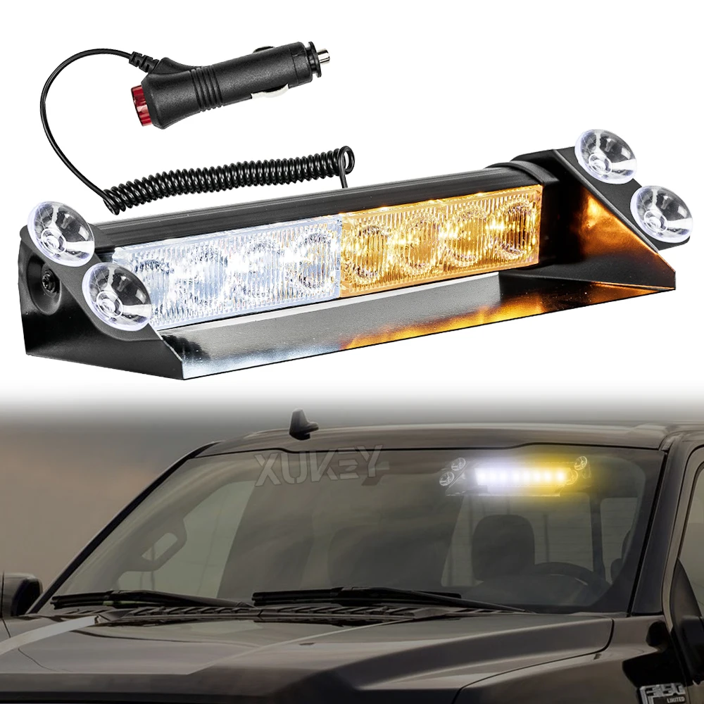 12V 8 LED Universal Yellow/Amber/White Car Strobe Flash Light Bar Windshield Mount Suction Cup Flashing Warning Lamp SUV Pickup