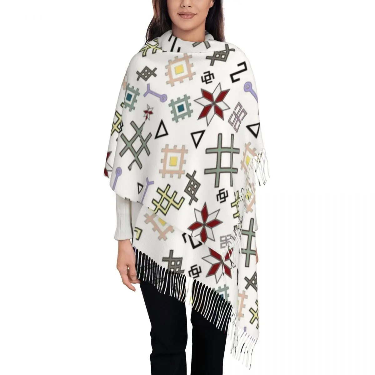 

Latvian Ancient Pagan Symbols Of Luck Seamless Pattern Scarf Warm Shawls and Wrap Long Large Scarves with Tassel for Ladies