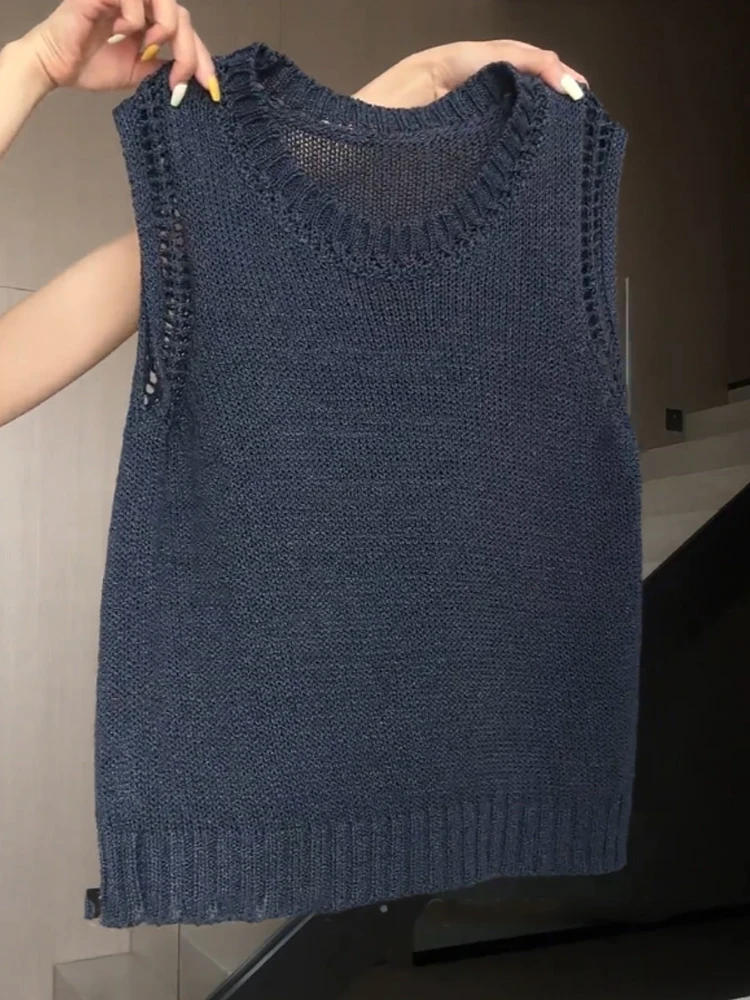 

Commute 2026 Summer Korean Style Sleeveless Vest round Neck Pullover Simple Knitted Top Comfortable Hollow out Elegant Women'...