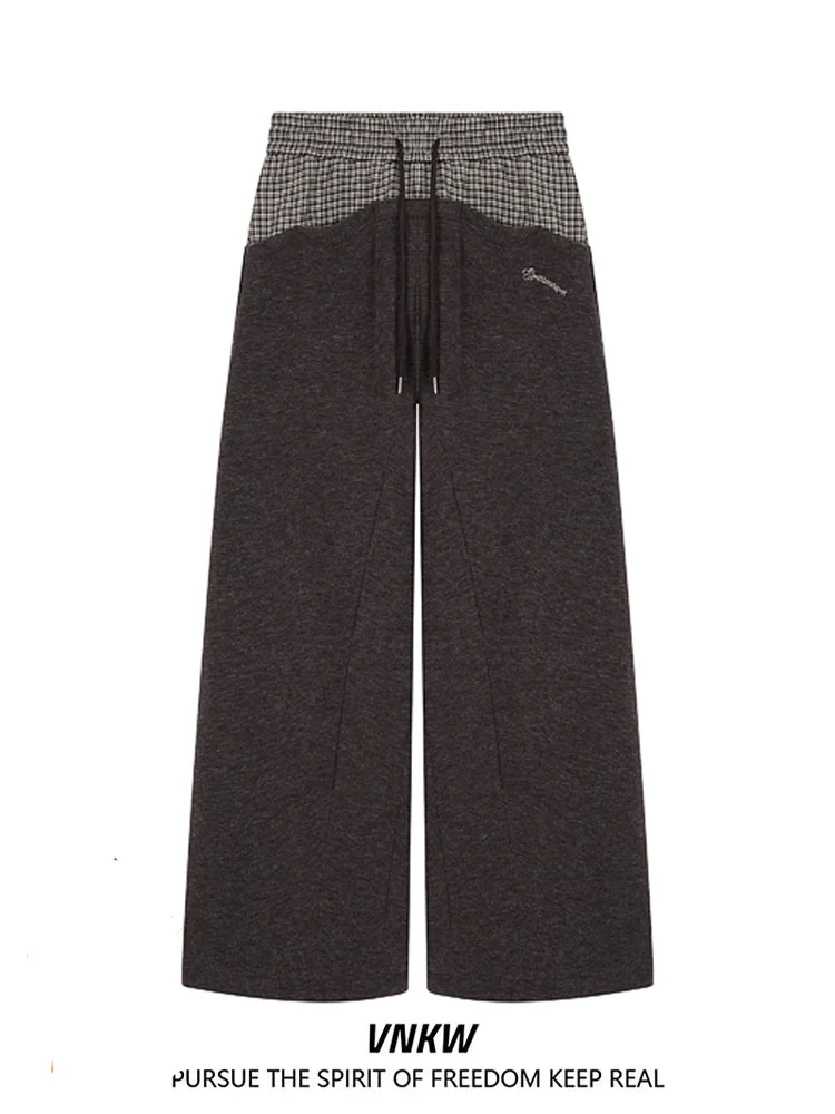 

Американские ретро клетчатые повседневные спортивные широкие спортивные штаны, свободные тонкие прямые повседневные длинные брюки с поясом ex