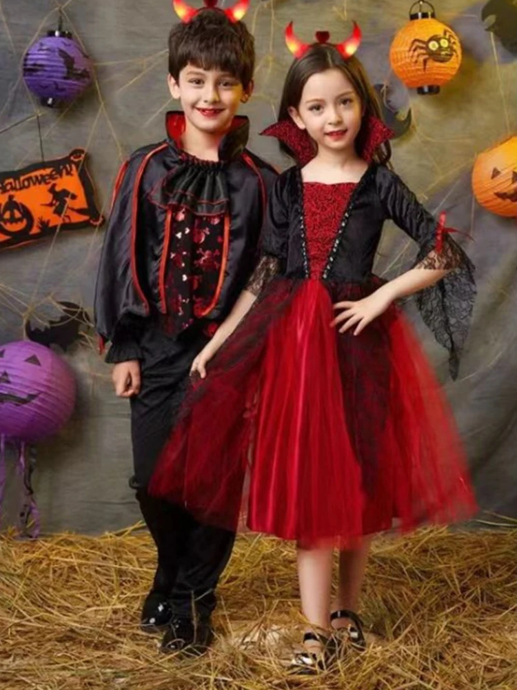 Kinder Mädchen Vampir-Teufel Cosplay-Kleid Komplettset mit Accessoires Halloween-Themenparty-Kostüm Feiertagsgeschenk für Mädchen