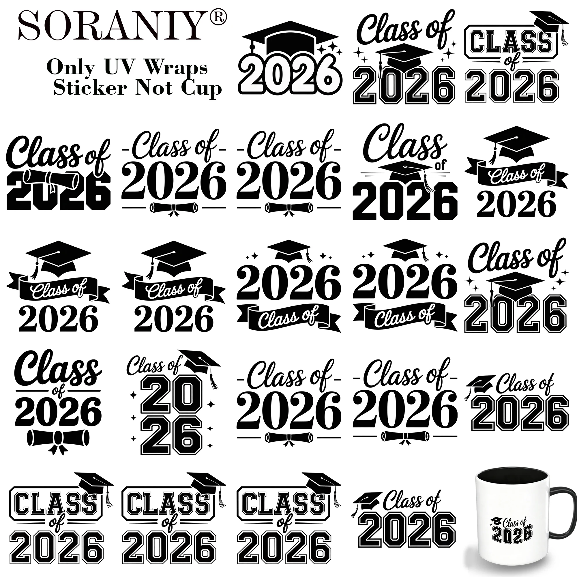 24PCS/Set Class of 2026 Graduation Themed UV DTF DIY Transfer Sticker for Water CupsUsed For Water Bottles Glass