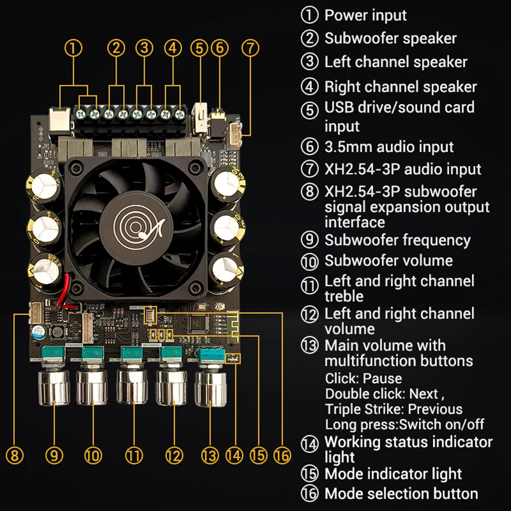 DSP A1 Subwoofer Amplifier Board 160W+160W+220W 2.1 Channel  Independent Chip ADAU1701 3 DSP Adjustment Modes 10-band EQ