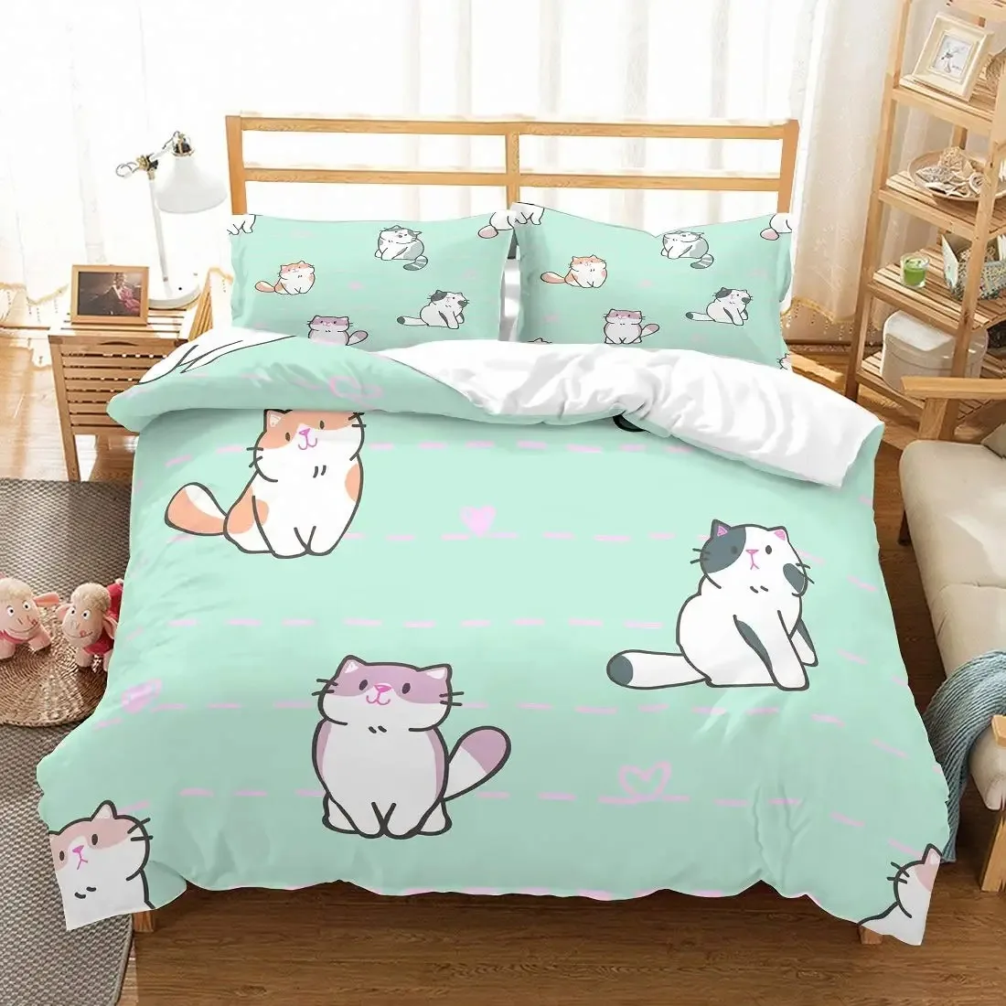 

3D Kids Cats Bedding Set Twin Size Green Cartoon Cats Bedding Set for Kids Boys Girls Animal Theme Cute Kitten Pattern 23pcs