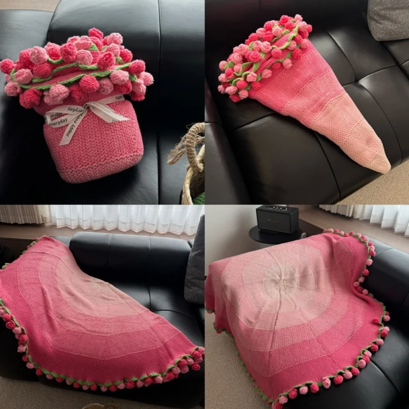 Acrylic rose bouquet blanket, handmade knitted blanket, holiday gift blanket