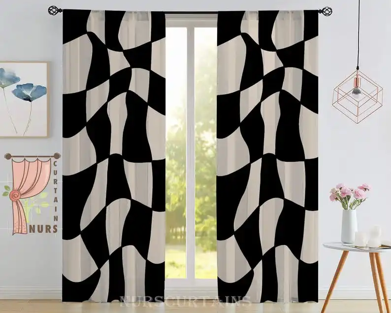 Wavy Checkerboard Blackout Curtain: Optical Illusion Decor