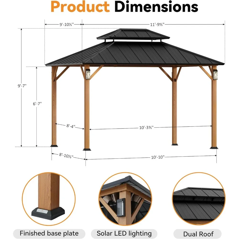 10' X 12'  Hardtop Gazebo W/ 4 LED Lights, Outdoor Gazebos W/Galvanized Steel Double Roof, Patio Gazebo W/Decor Hooks