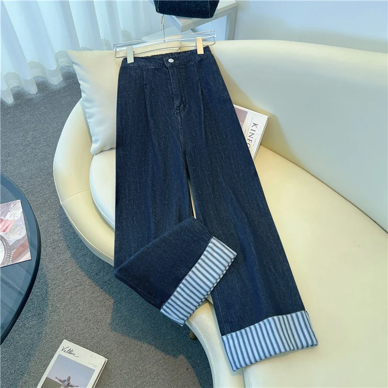 

Fashion Rolled Edge Striped Splicing Wide Leg Jeans Women's Streetwear High Waist Straight Denim Pants Vintage Cropped Pants