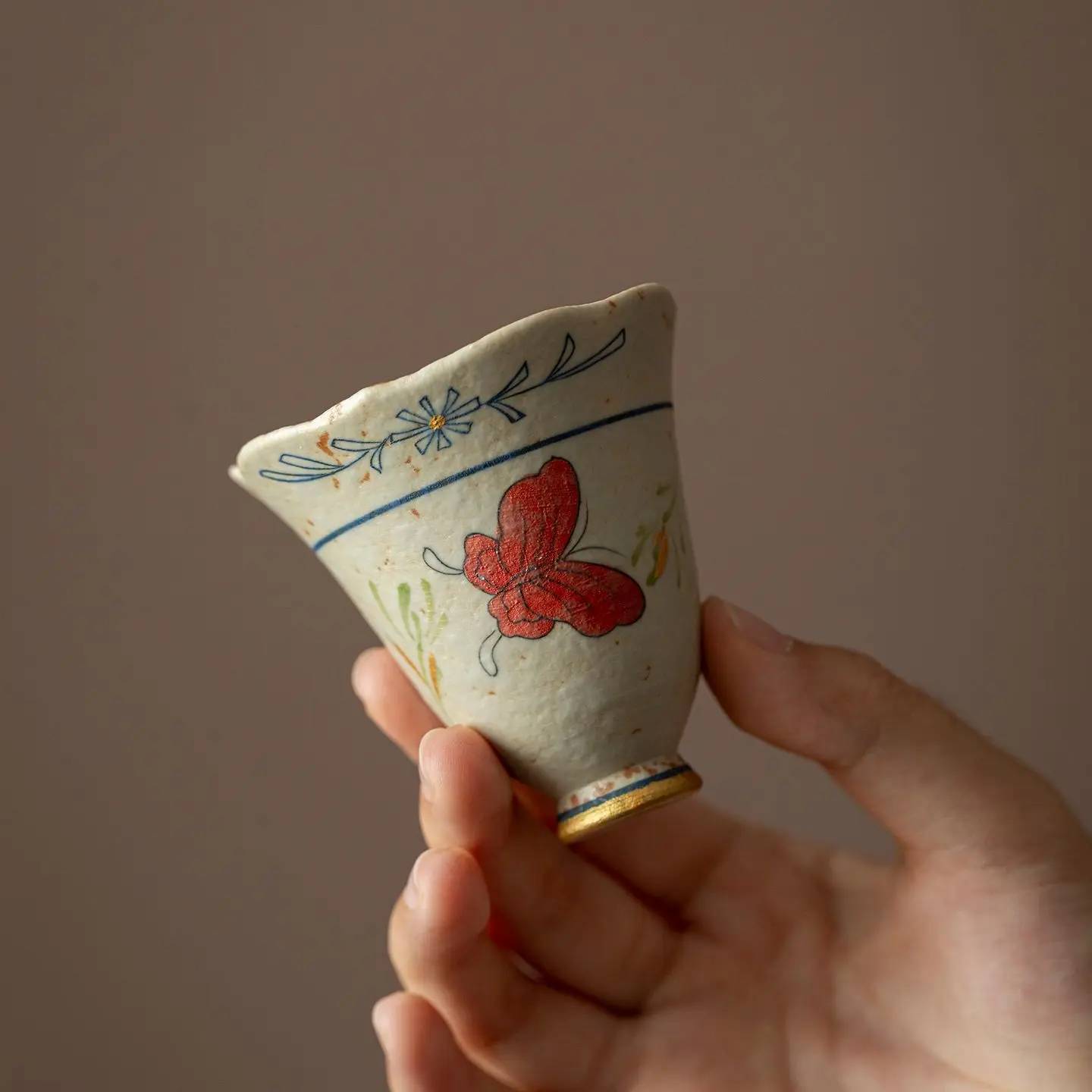 Blue and White Fire Stone Red Caramel Glaze Pure Hand Drawing Orchid High Foot Flower Mouth Tea Cup Household Savoring