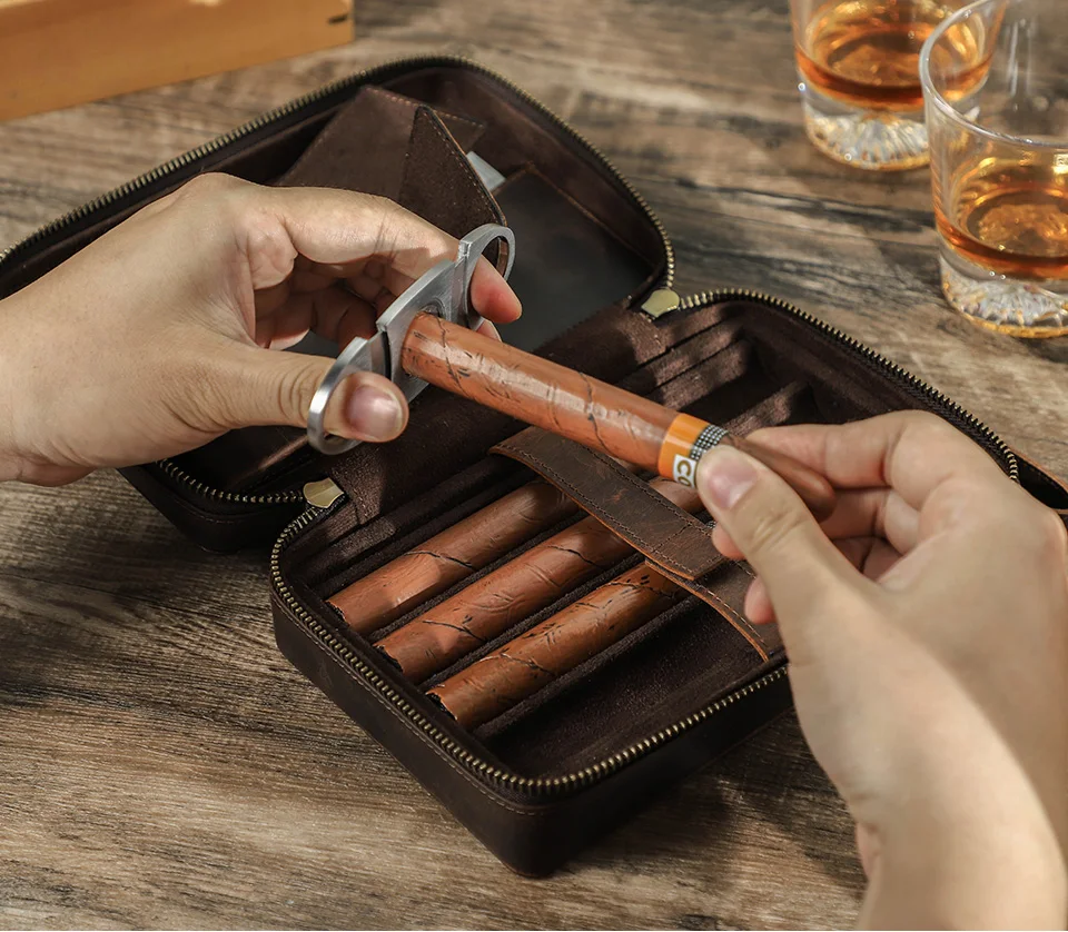 Contact's Family Echtes Leder Zigarre Reiseetui Halter Männer mit Feuerzeugschneider Tasche Humidor Box Zigarre Zubehör Geschenkset – Detail 9