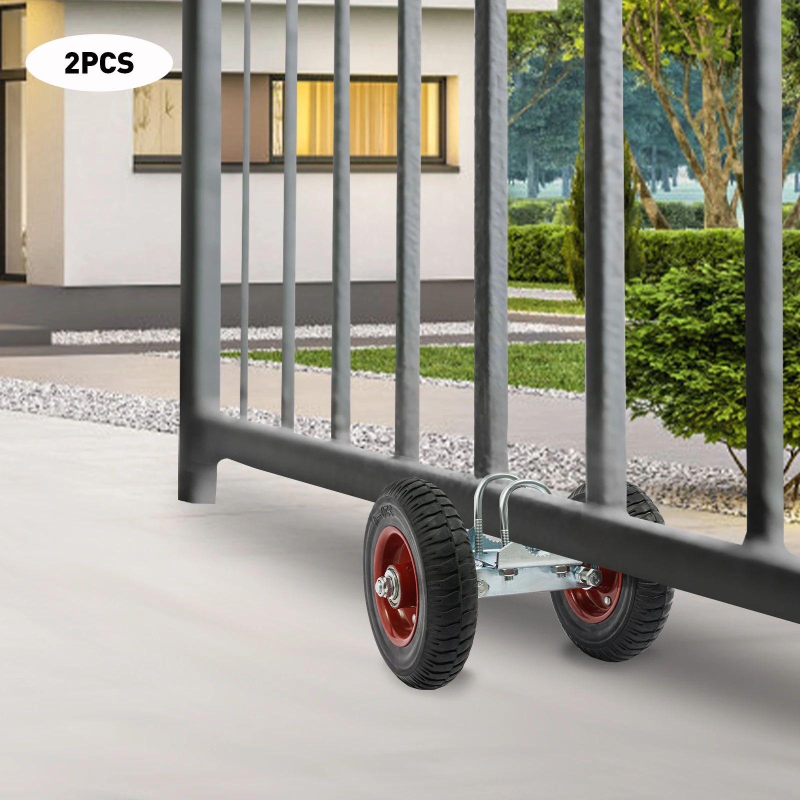 2PCS 6''/8'' Heavy-Duty Rubber Wheel, Double-U Bolts Gate Rollers,  Gate Rollers