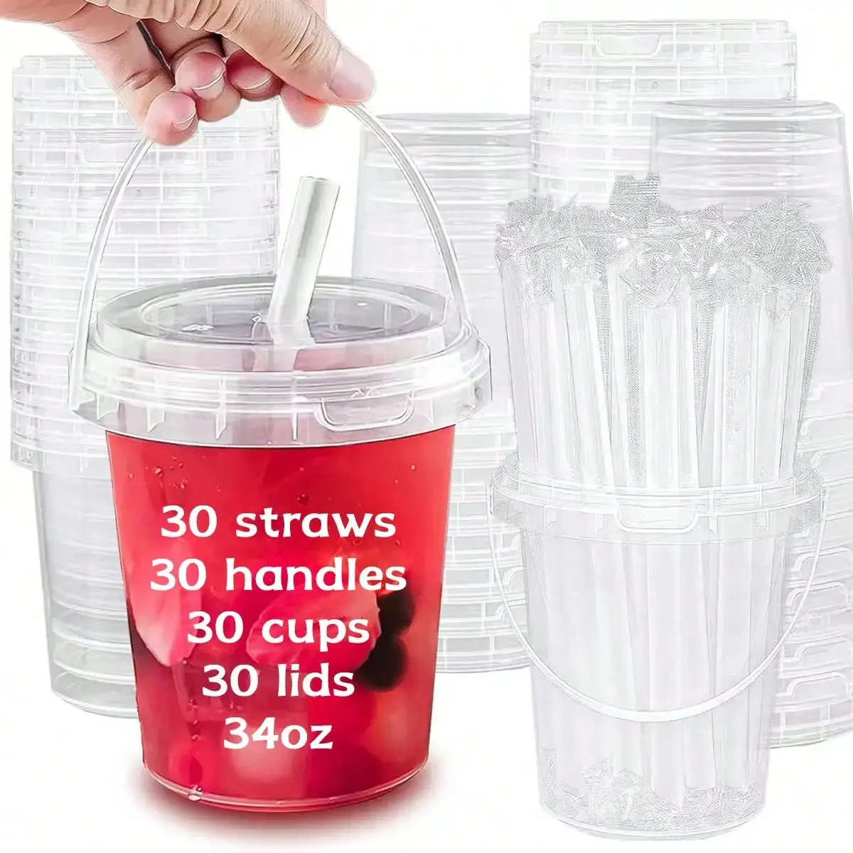 Set Of 30 Disposable Plastic Cups, Including Lids And Straws, 34-Ounce Capacity, Reusable, Perfect For Outdoor Trips, Pool Parties, Beach Parties, And Picnics.