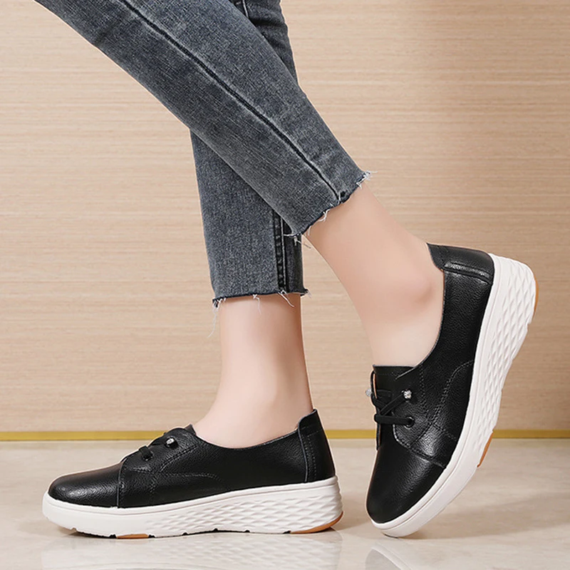 Spring Autumn Women Comfortable White Shoes for Work Thick Heel Platform Genuine Leather Shoes for Woman Nurse Shoes WSH5732 view 3